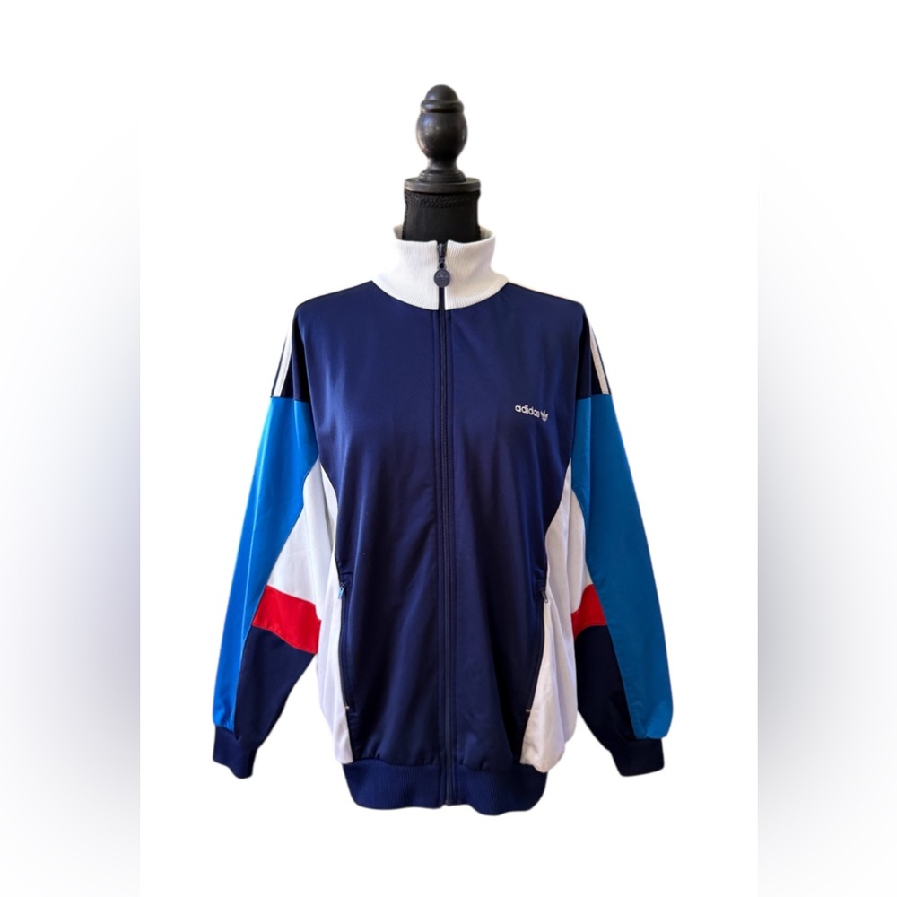Adidas Vintage Navy Blue and White Zip-Up Track Jacket